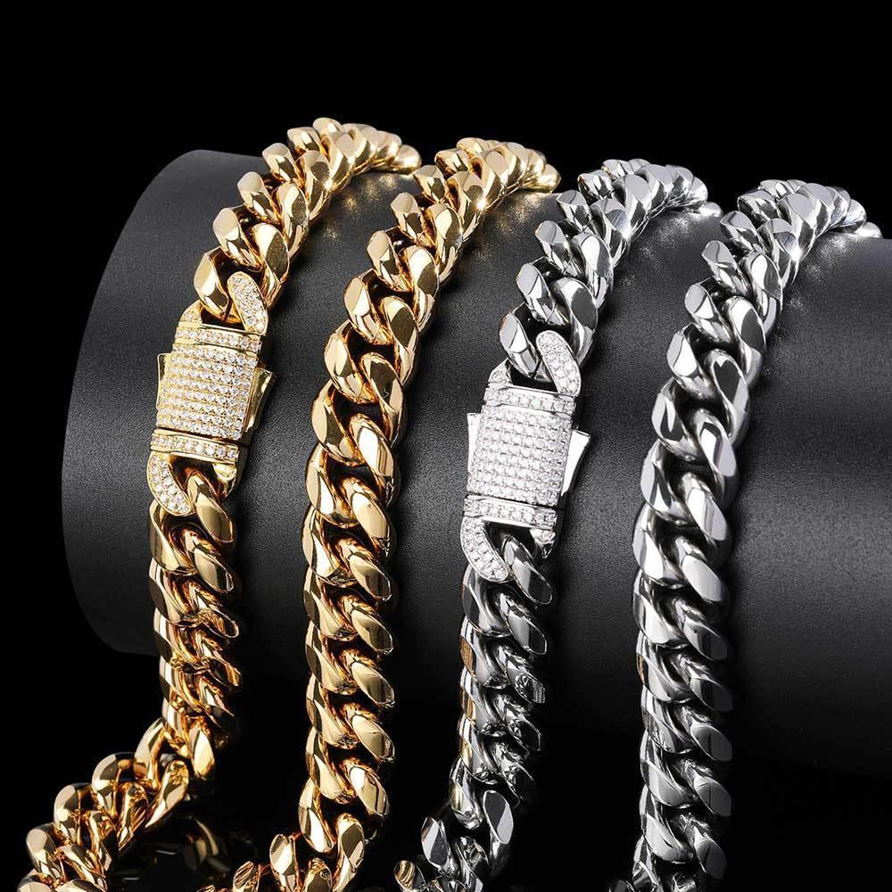 Cuban Chain Necklace with Zircon Stones and Spring Clasp for Men | Titanium Steel and Stainless Steel | Caratix Jewelry - CaratixJewelry